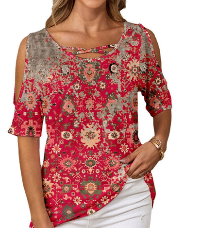 Dam T-Shirt Kortärmad Etniskt Tryck Löst Passform Polyester Spandex-6