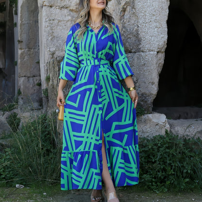 Fina Dam Klänningar Lång Klänning Tryckt Polyester med Bälte-3