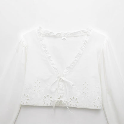 Kvinnors Blus V-ringad Voluminösa Ärmar Broderi 3