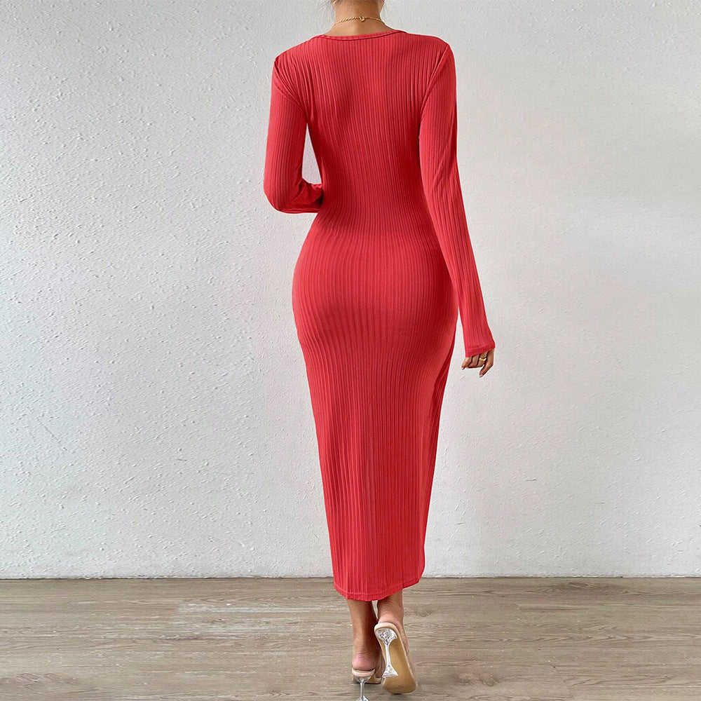 Dam Bodycon Klänning med Splittad Söm Lång Ärmar Polyester-2
