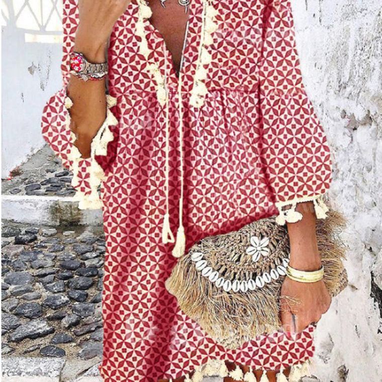 Dam Klänning V-ringad Blommönster A-linjeformad Polyester med Fransar-2