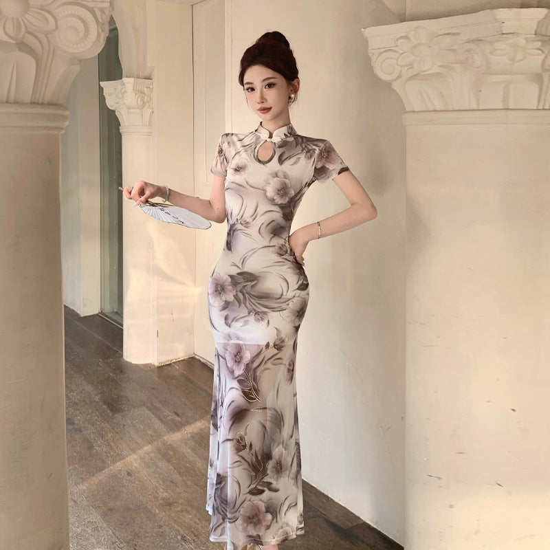 Kvinnors Lång Bodycon Klänning Unik Design Polyester Elastan-2