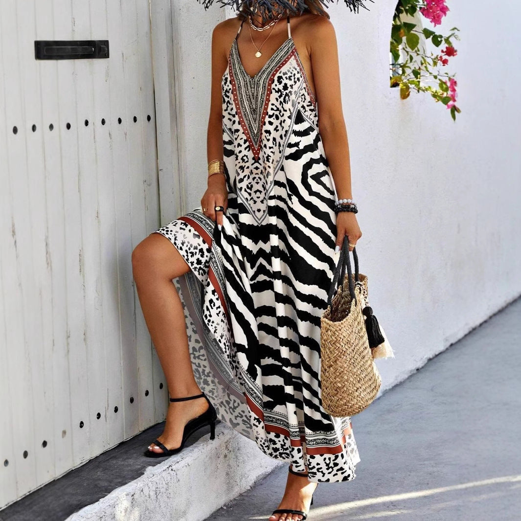 Ärmlös Klänning för Kvinnor med Zebramönster – Lång Polyester Slip Dress i Svart 3