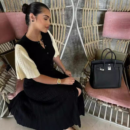 Kvinnors Stickklänning Avslappnad Puffärm Bomullsmix-5