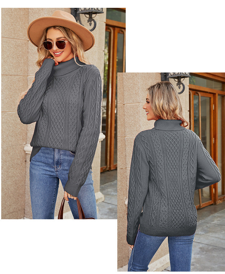 Stickad Dam Turtleneck Tröja i Mjuk Akryl med Kabelstickat Mönster-4