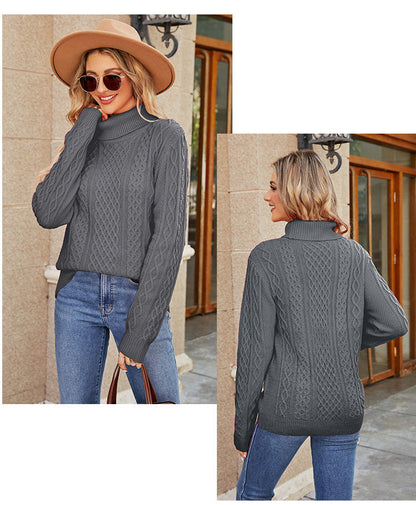 Stickad Dam Turtleneck Tröja i Mjuk Akryl med Kabelstickat Mönster-4