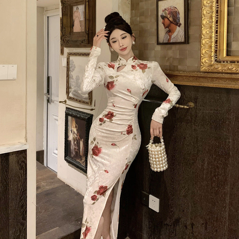 Kvinnors Qipaoklänning Midjekonstruktion Högkvalitativt Tyg-2