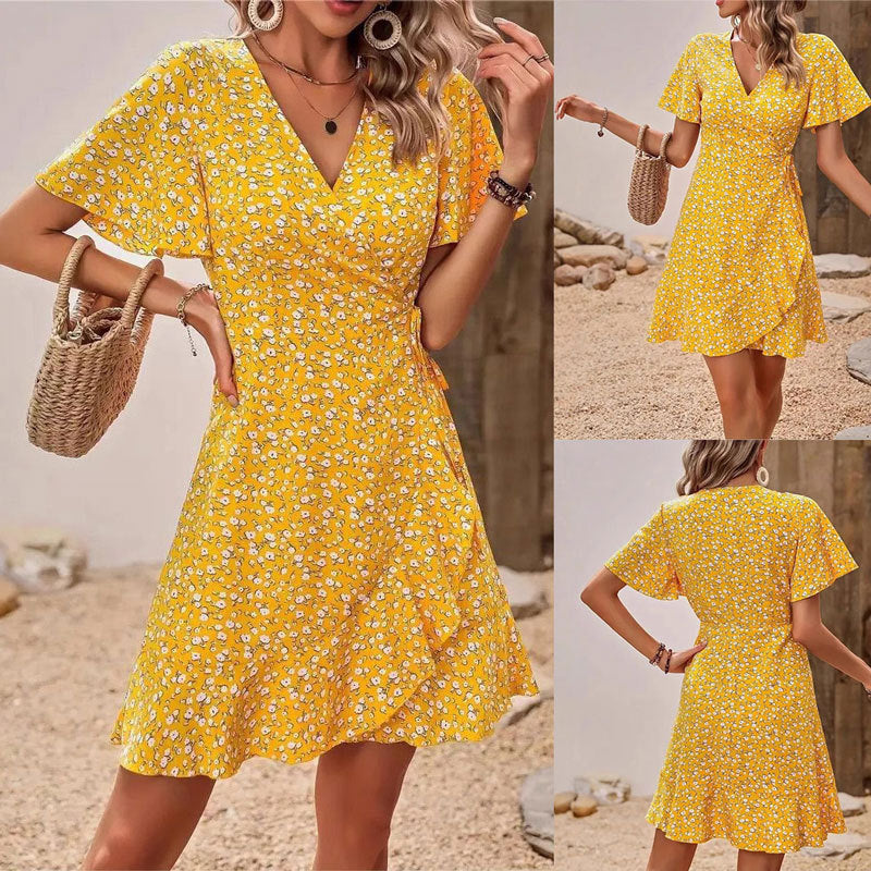 Kort Klänning Dam Blommig V-ringning Polyester Korta Festklänningar-2