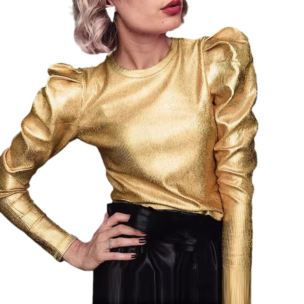 Dam T-shirt Punk Stil Avslappnad 100% Bomull Metallic Guld-5