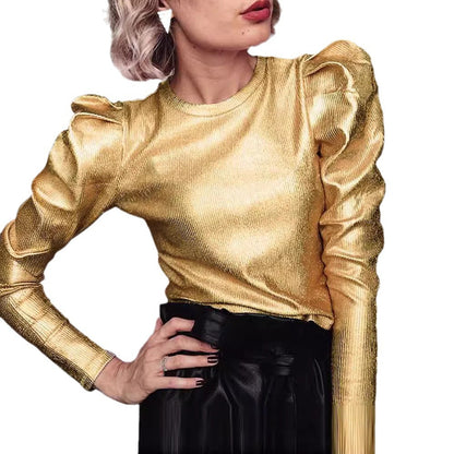 Dam T-shirt Punk Stil Avslappnad 100% Bomull Metallic Guld-5