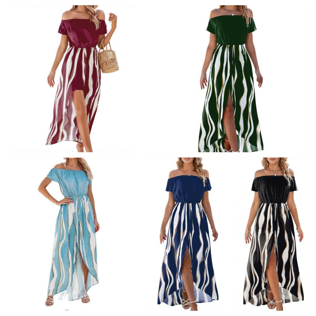 Fina Damklänningar Geometriskt Mönster Elastisk Midja Polyester-2