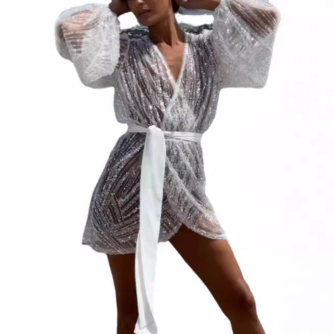Damklänning Asymmetrisk Långärmad Spandex med Glittrande Detaljer-6
