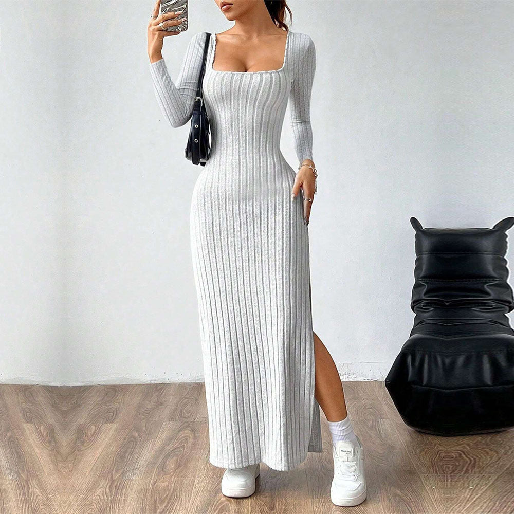 Kvinnors Midi Klänning Fyrkantig Halsringning Polyester Öppen Rygg-3