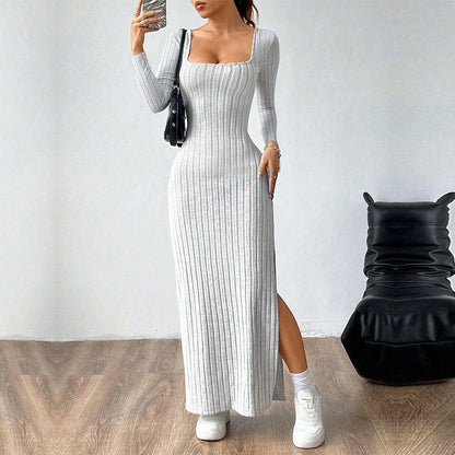 Kvinnors Midi Klänning Fyrkantig Halsringning Polyester Öppen Rygg-3