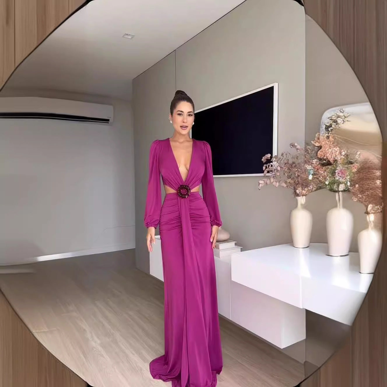 Damklänning A-Linje Långärmad Polyester V-Ringning 2