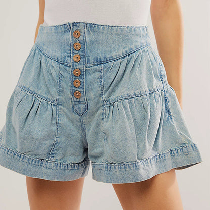 Dam Denim Shorts Rynkade Kanter Elastisk Midja 100% Bomull-1