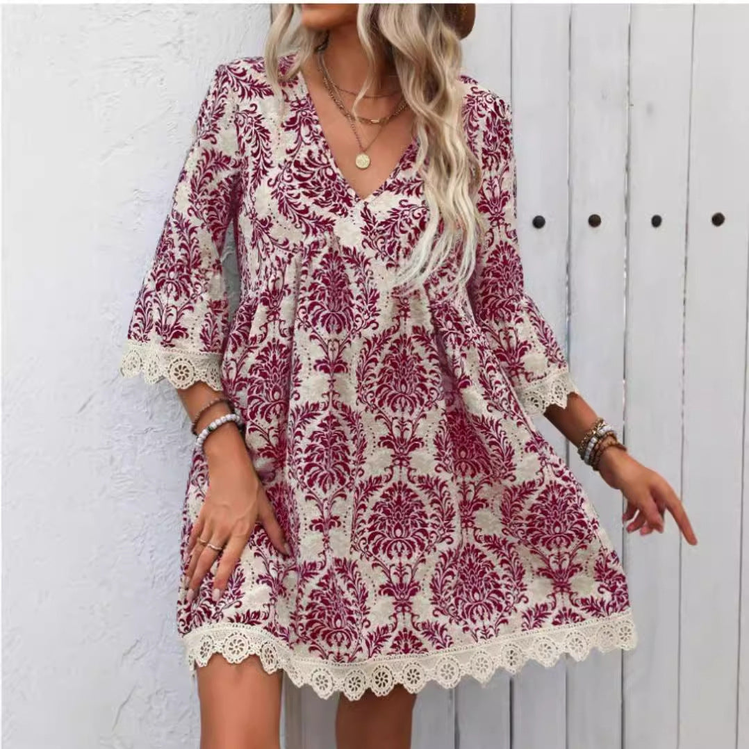 Fina Dam Klänningar A-Line Midi V-Neck Polyester med Tre Fjärdedels Ärmar 2