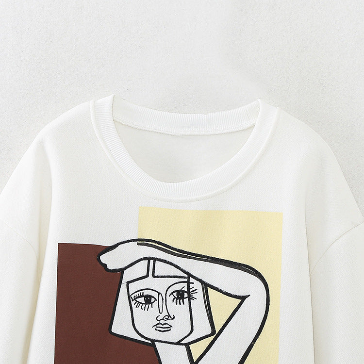 Dam Tröja Modernt Konsttryck Mjuk Bomullsblandning-3