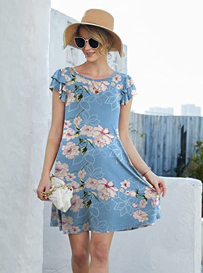 Kortärmad Klänning för Kvinna med Blommönster – Lätt Tyg, Rund Halsringning, Ruffles på Ärmarna, Normal Passform 11