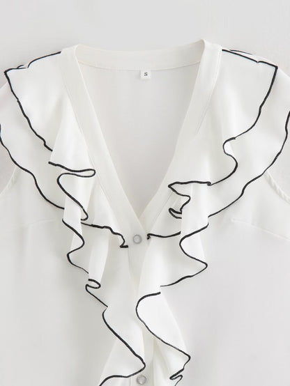 Dam Ärmlös Skjorta V-ringning Ruffle Polyester-5