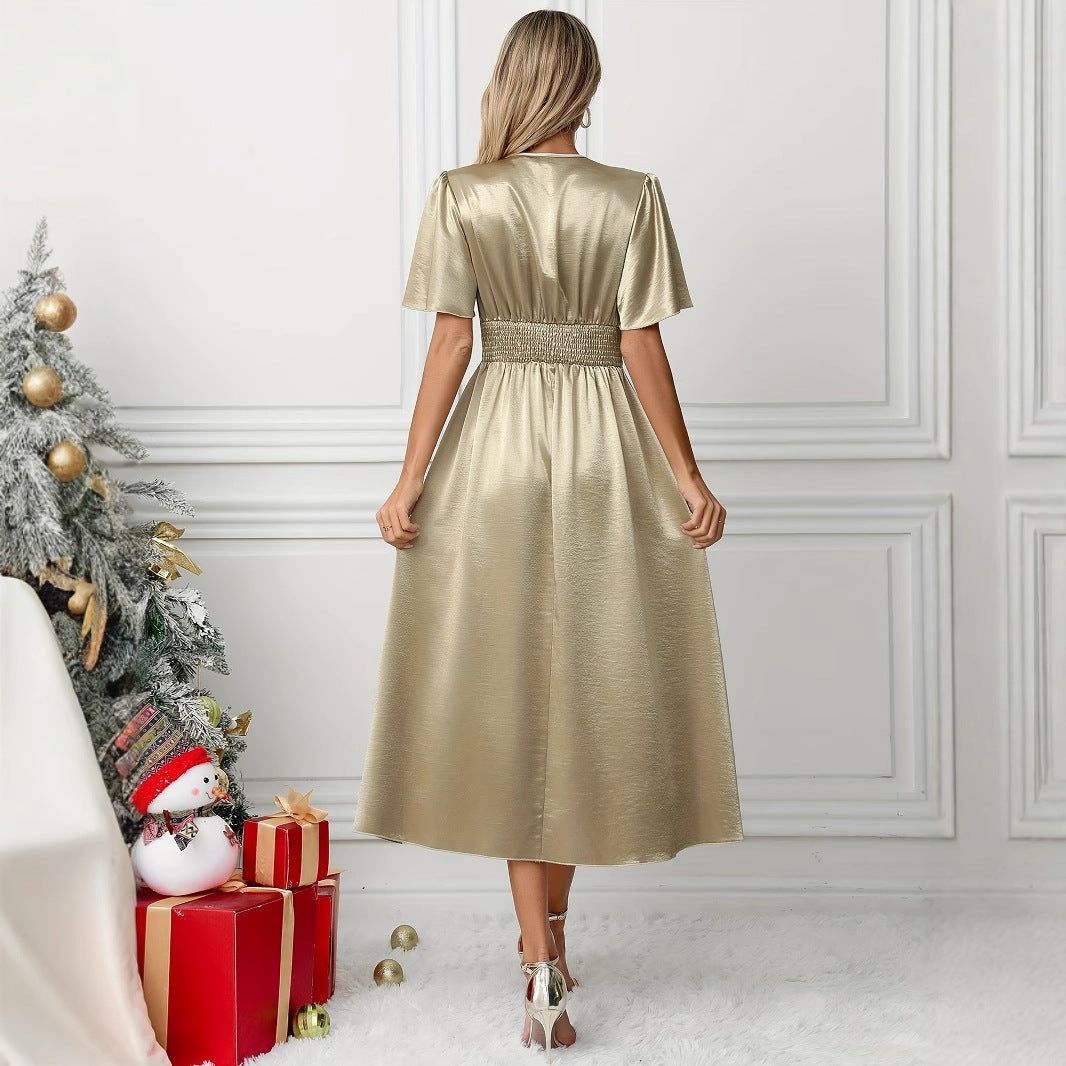 Kvinnors Wrap Klänning Flödande Ärmar Lätt Tyg-3