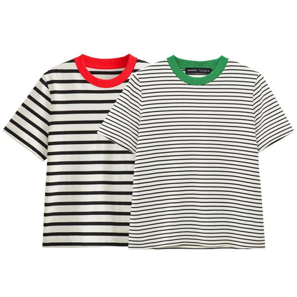 Dam T-shirt Med Stripmönster Cirkulär Halsringning 100% Bomull-2
