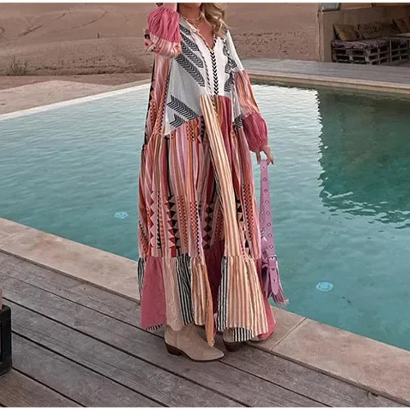Fina Dam Klänningar Lång Puffärm Patchwork Polyester V-hals-6