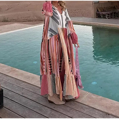 Fina Dam Klänningar Lång Puffärm Patchwork Polyester V-hals-6