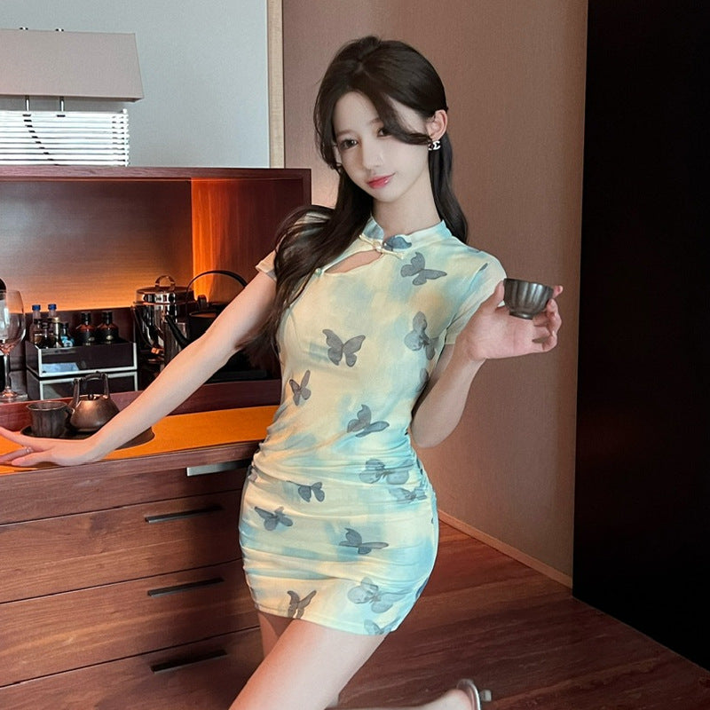 Kvinna Cheongsam Klänning Bodycon Kortärmad Högkvalitativt Tyg-2