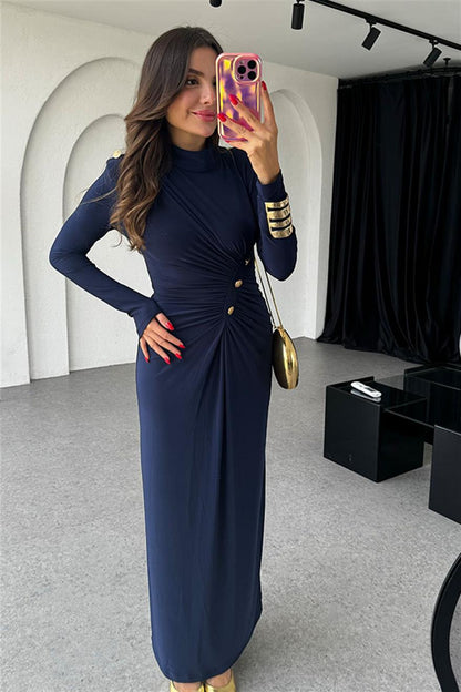 Elegant A-Linje Damklänning med Långa Ärmar och Midjeknapp – 100% Polyester, Fina Dam Klänningar för Vardags och Fest 7