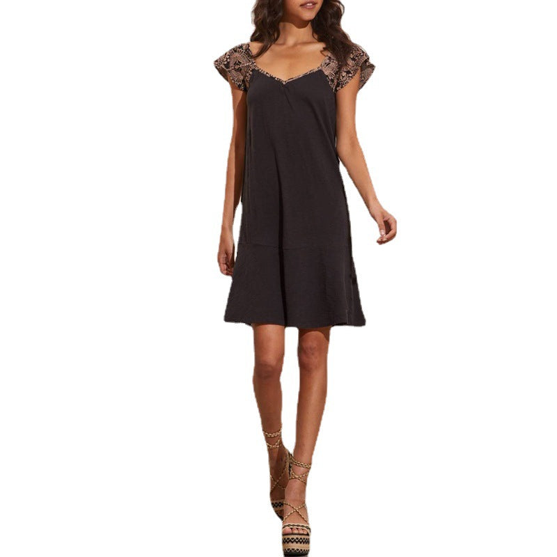 Damklänning V-hals A-Line Polyester Midi Färgblockering-5
