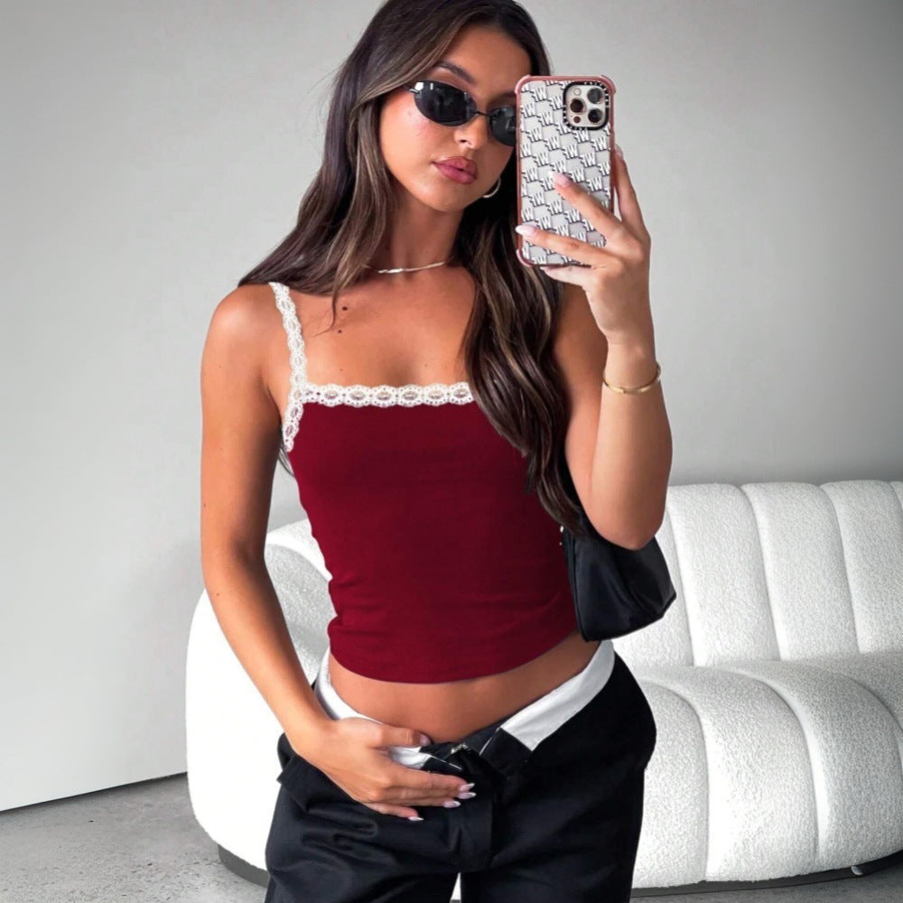 Kvinna Cami Topp Färgblock Spets Stickat Tyg-5