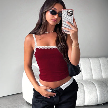 Kvinna Cami Topp Färgblock Spets Stickat Tyg-5