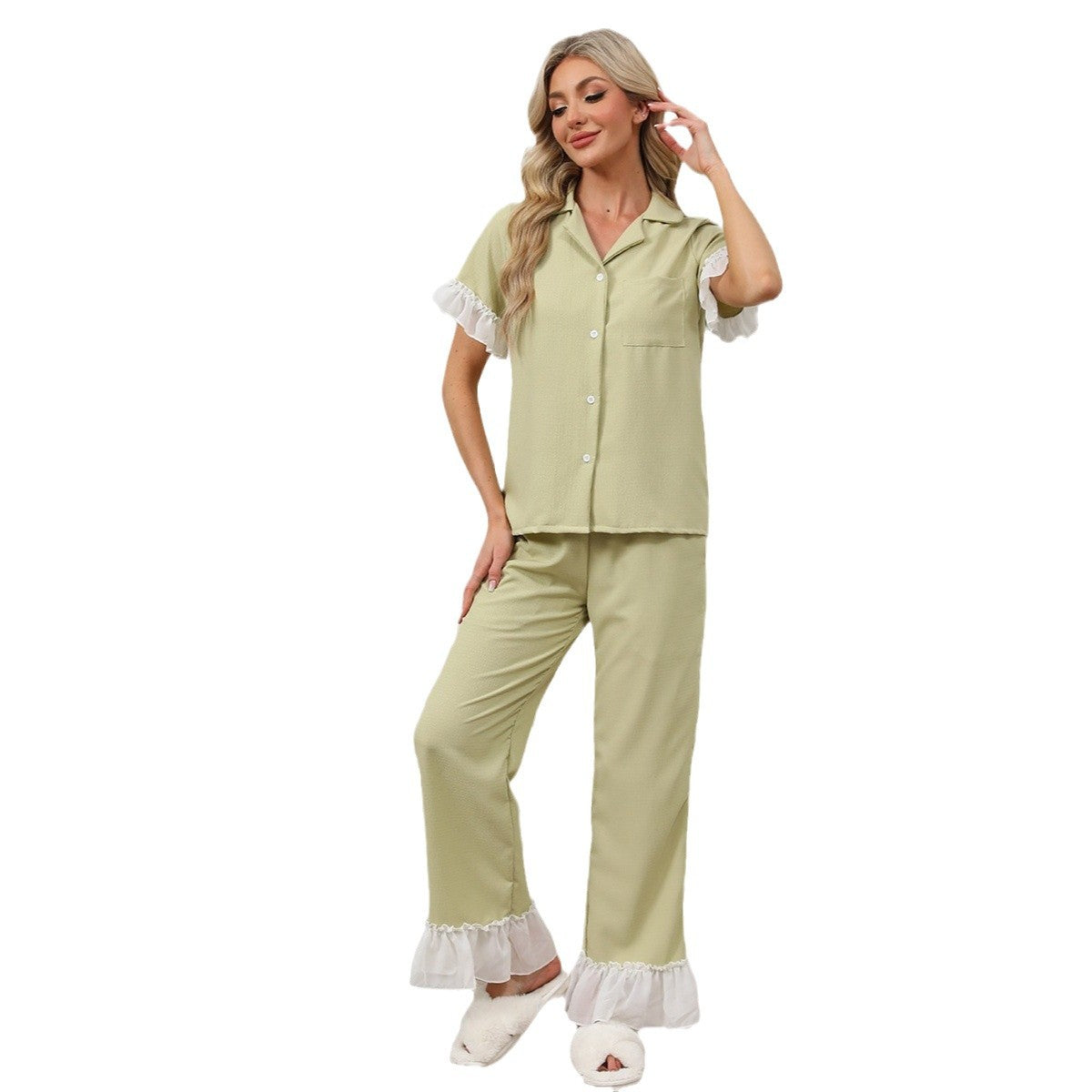 Dam Hemkläderuppsättning Kortärmad Polyester med Långa Byxor-5