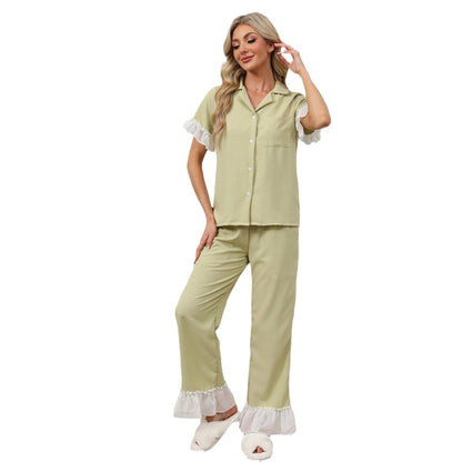Dam Hemkläderuppsättning Kortärmad Polyester med Långa Byxor-5