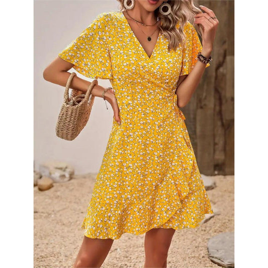 Kort Klänning Dam Blommig V-ringning Polyester Korta Festklänningar-1