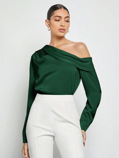 Dam Asymmetrisk Blus Off-Shoulder Satin-1