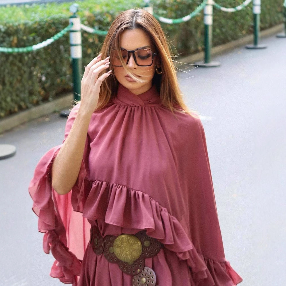 Kvinnor Draperad Klänning Rufsade Detaljer Mjukt Tyg 5