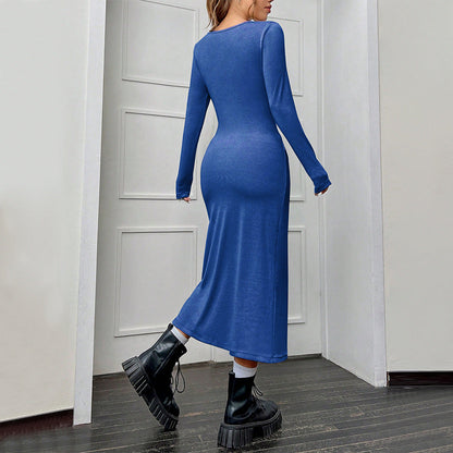 Dam Klänning Långärmad Midi Enfärgad Polyester-3