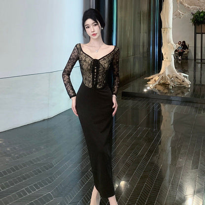 Dam Klänning Höft Spetsdesign Långärmad Polyester Elegant-3