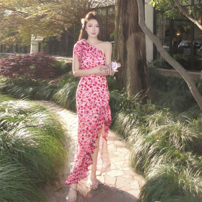 Kvinna Maxi Klänning Asymmetrisk Polyester med Blommönster-4