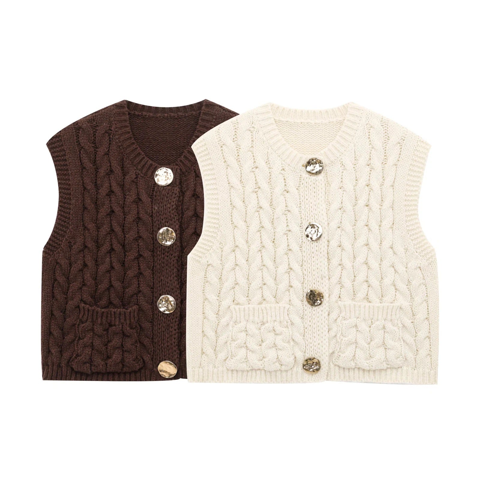 Kvinnors Stickad Väst med Dekorativa Knappar och Fickor i Mjuk Bomullsblandning-2