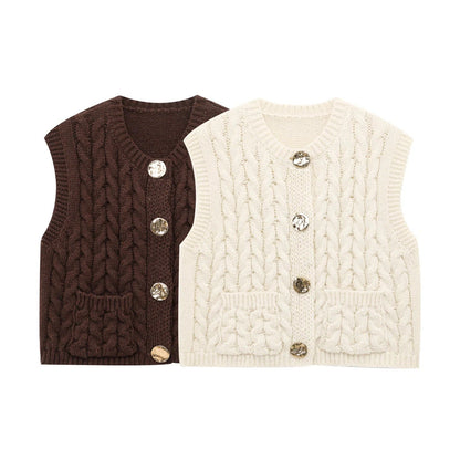 Kvinnors Stickad Väst med Dekorativa Knappar och Fickor i Mjuk Bomullsblandning-2