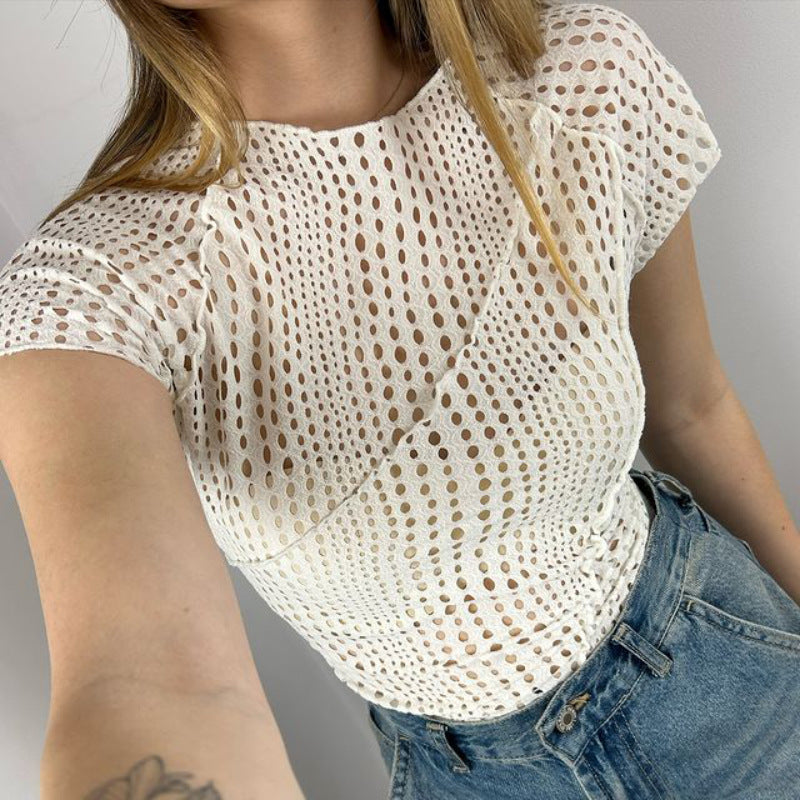 Figurbetonad Festtopp i Elastisk Bomull med Hålmönster – Trendig Svart Topp för Dam 1