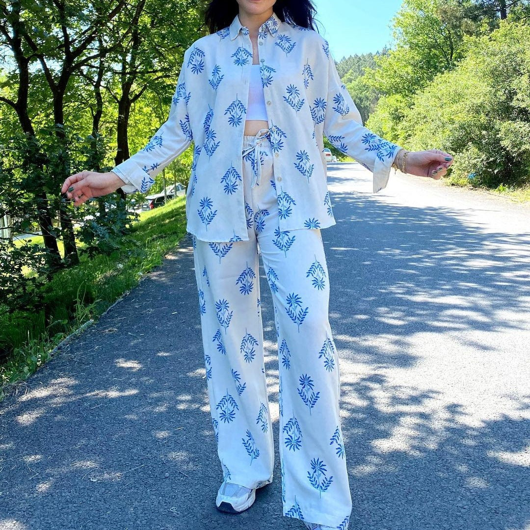 Kvinnors Långa Byxor Blommönster Polyester Fritid-1