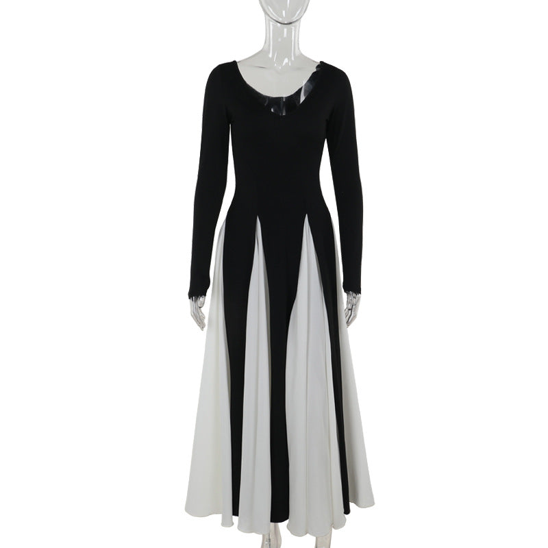 Maxiklänning Dam med Kontrastdesign, Lång Ärmar och Flödande Polyester – Elegant och Sofistikerad Klänning för Speciella Tillfällen 1