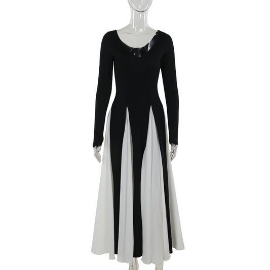 Maxiklänning Dam med Kontrastdesign, Lång Ärmar och Flödande Polyester – Elegant och Sofistikerad Klänning för Speciella Tillfällen 1