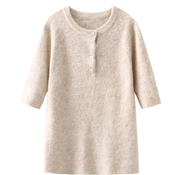 Dam Stickad Klänning Halvlängdärmar Mjuk Tyg med Dekorativa Knappar 7