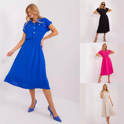 Damklänning A-Linje Elastisk Midja Polyester med Knappficka-2
