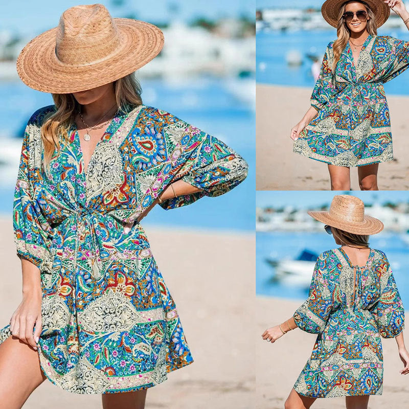 Kvinna V-Neck Klänning Blommönster Elastisk Polyester-2